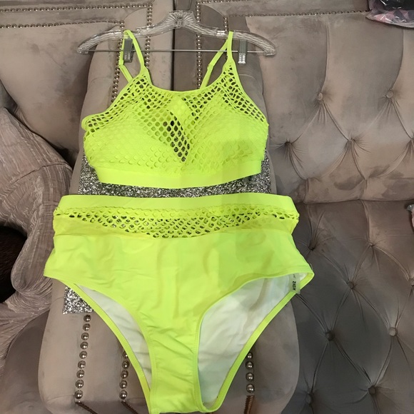 SHEIN Neon Green Fishnet High Waisted Swimsuit - Picture 5 of 9